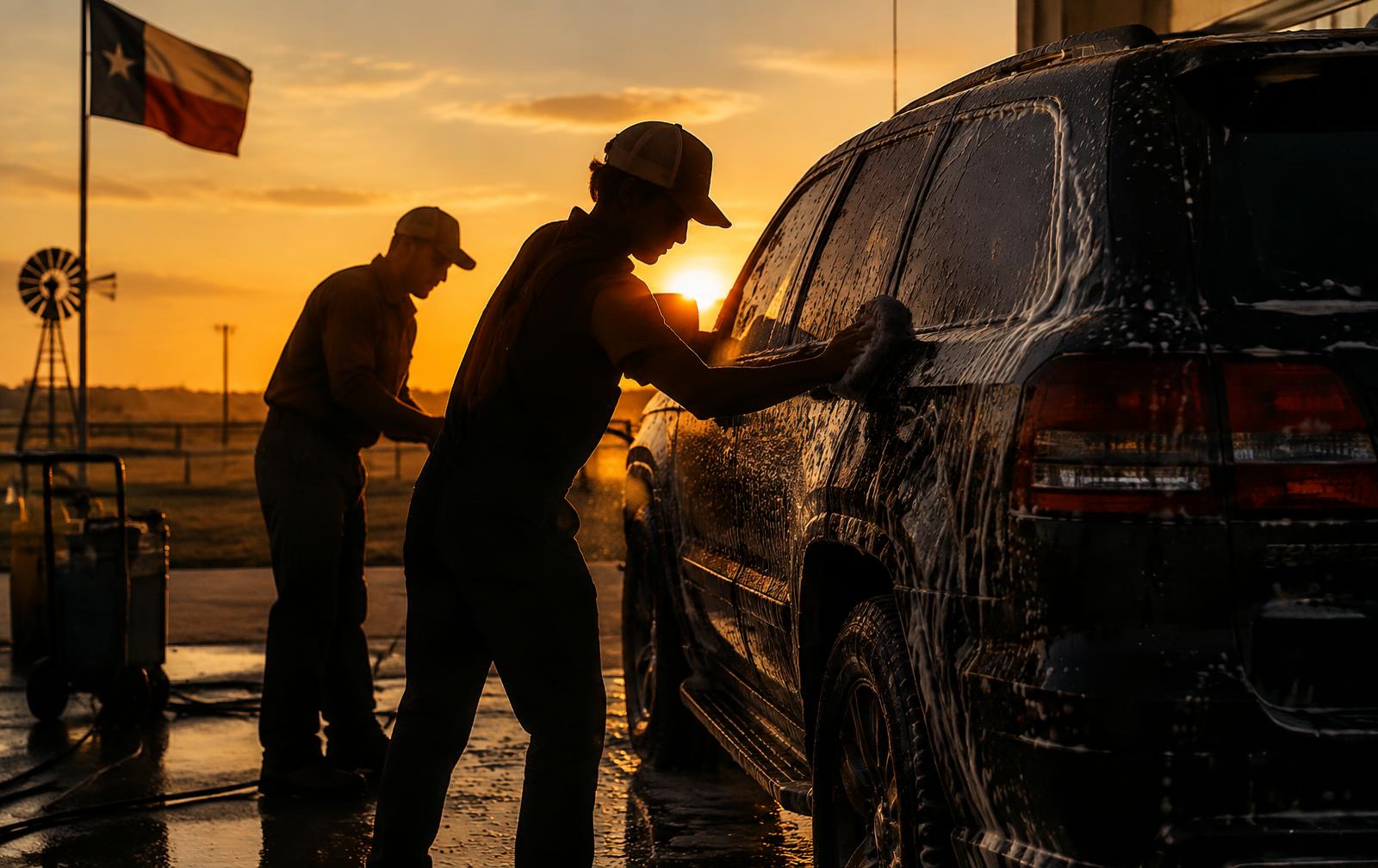 Young men hand-washing an SUV at sunset with a Texas flag in the background